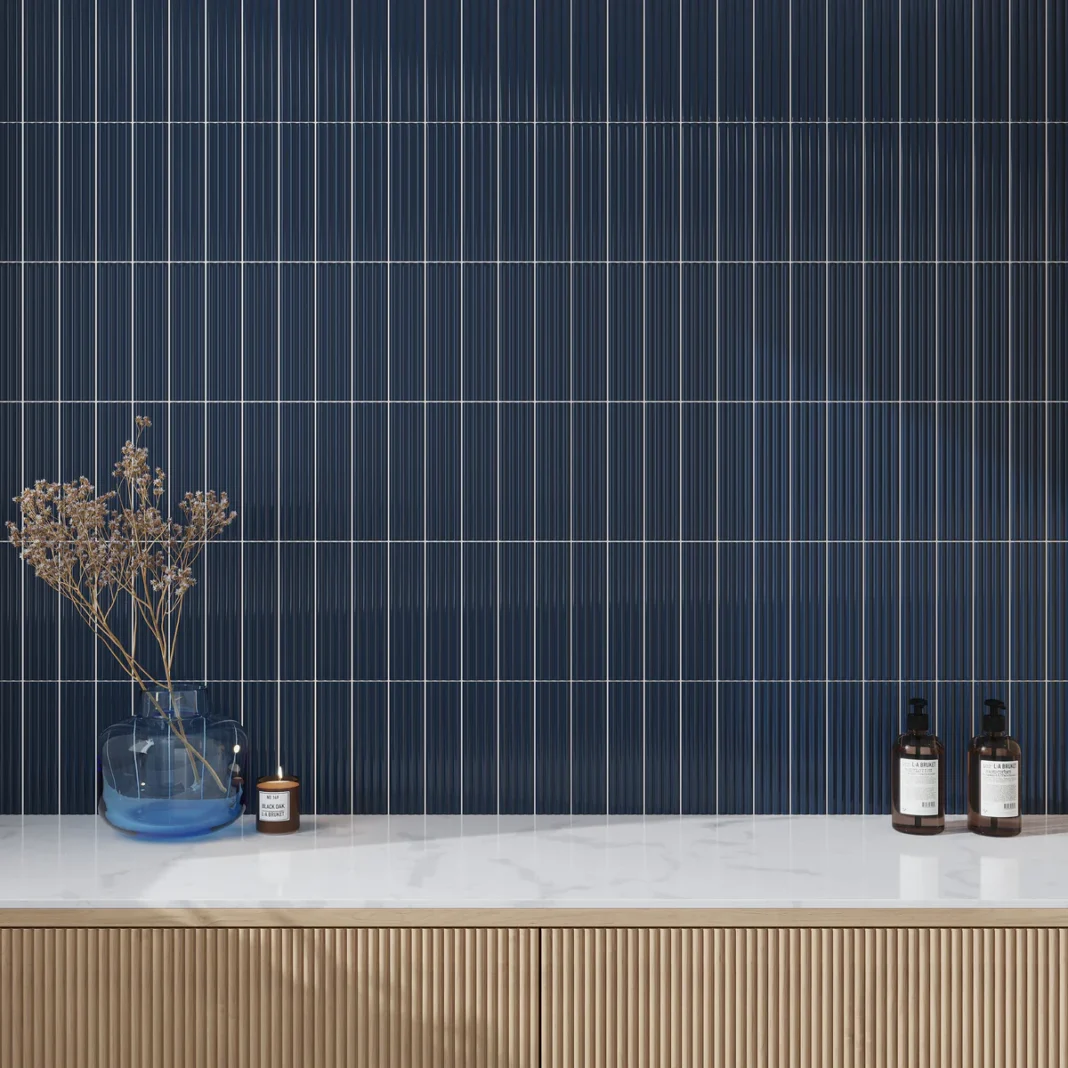 Apollo Tile’s Blue 2x8 glossy ceramic subway deco tile